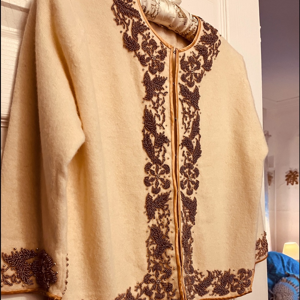 Vintage Stephen Chu Beaded Sweater. Elegant versatile cream with gold trim.